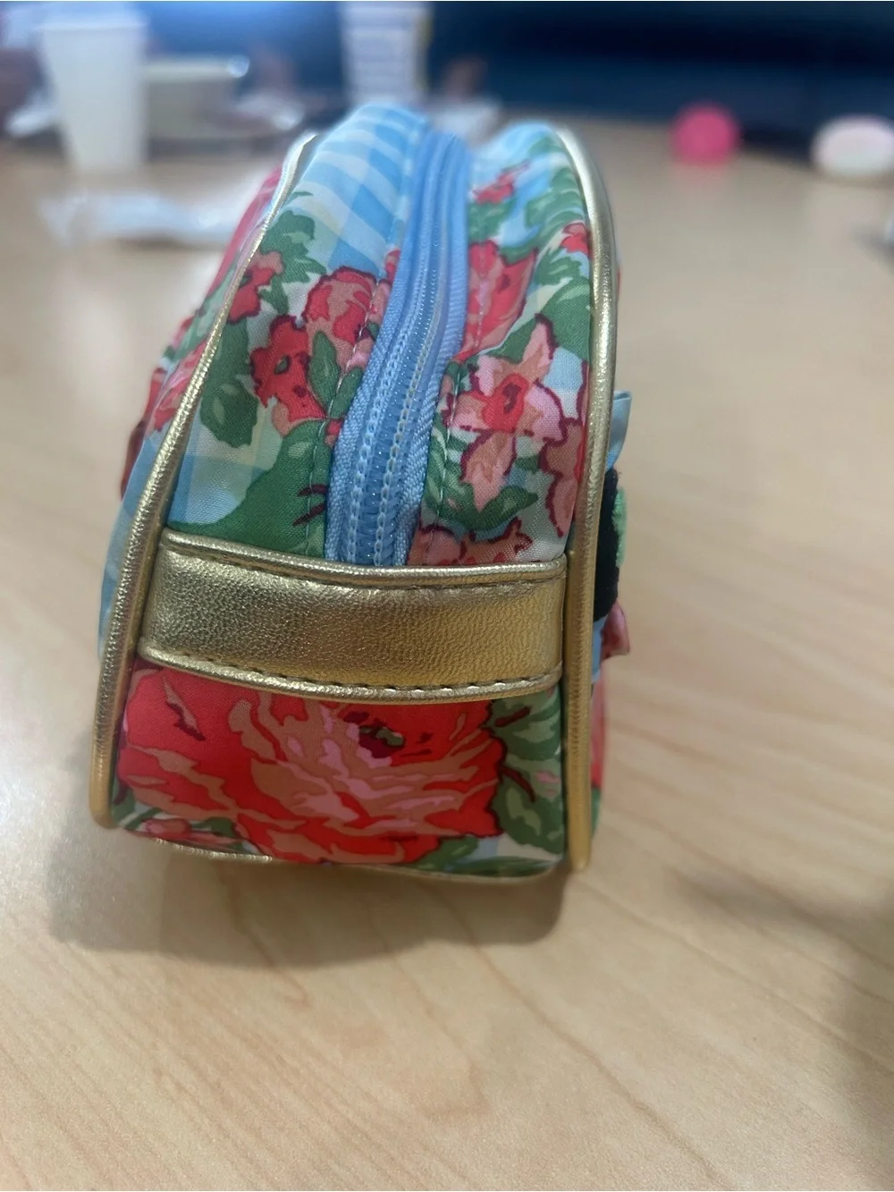 Vintage Betseyville small Floral Gingham Cosmetic Bag - Blue & Pink